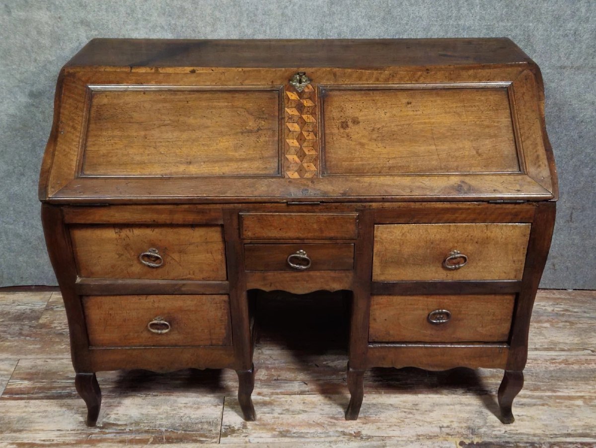 Antique Louis XV Period Curved Secretary Desk In Solid Wood And Marquetry, 18th Century -photo-1