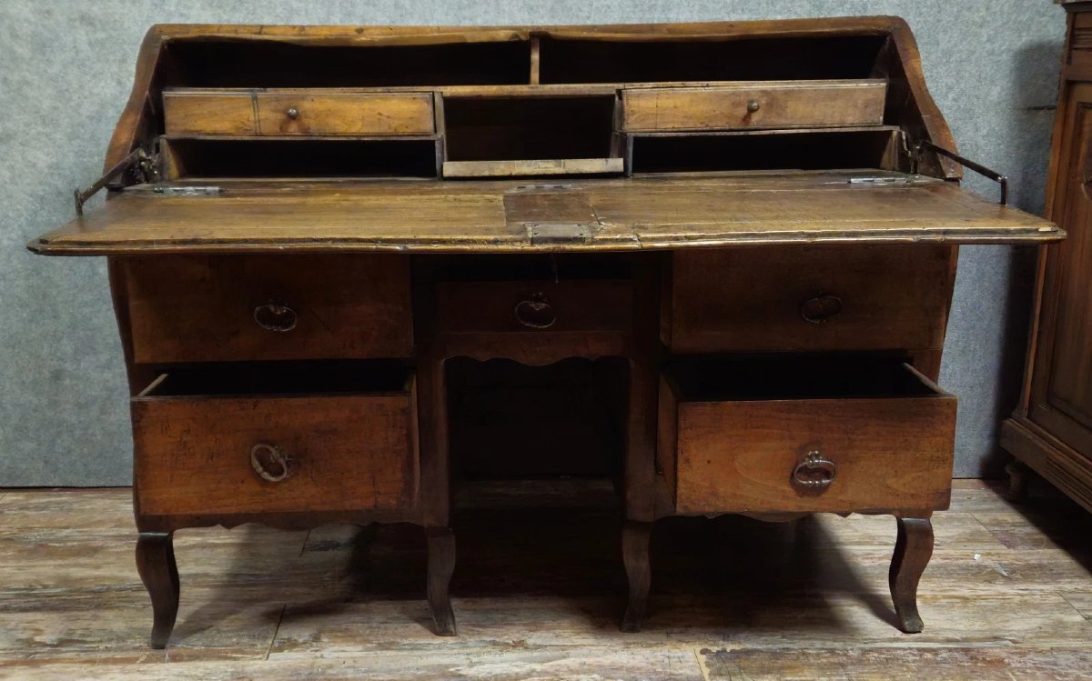 Antique Louis XV Period Curved Secretary Desk In Solid Wood And Marquetry, 18th Century -photo-6