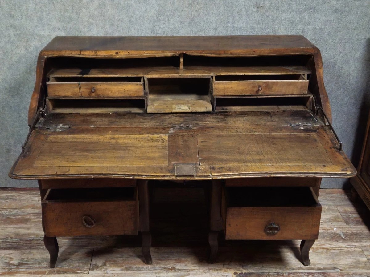 Antique Louis XV Period Curved Secretary Desk In Solid Wood And Marquetry, 18th Century -photo-7