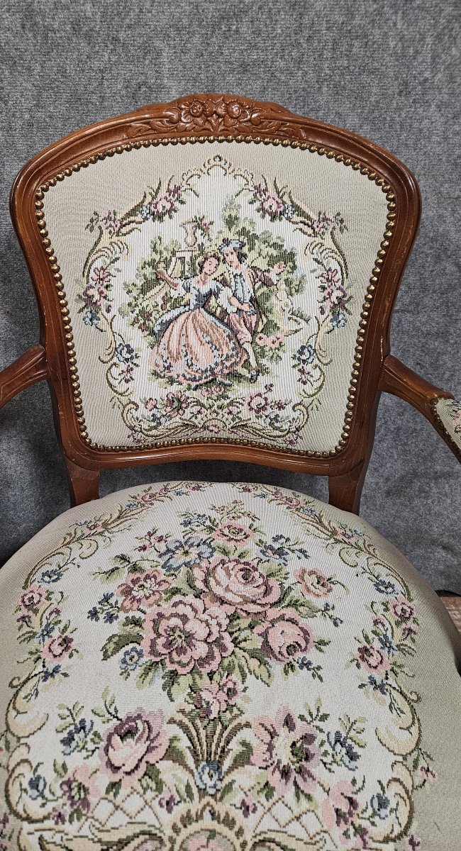 Pair Of Louis XV Style Armchairs – Tapestry Depicting A Gallant Scene -photo-3