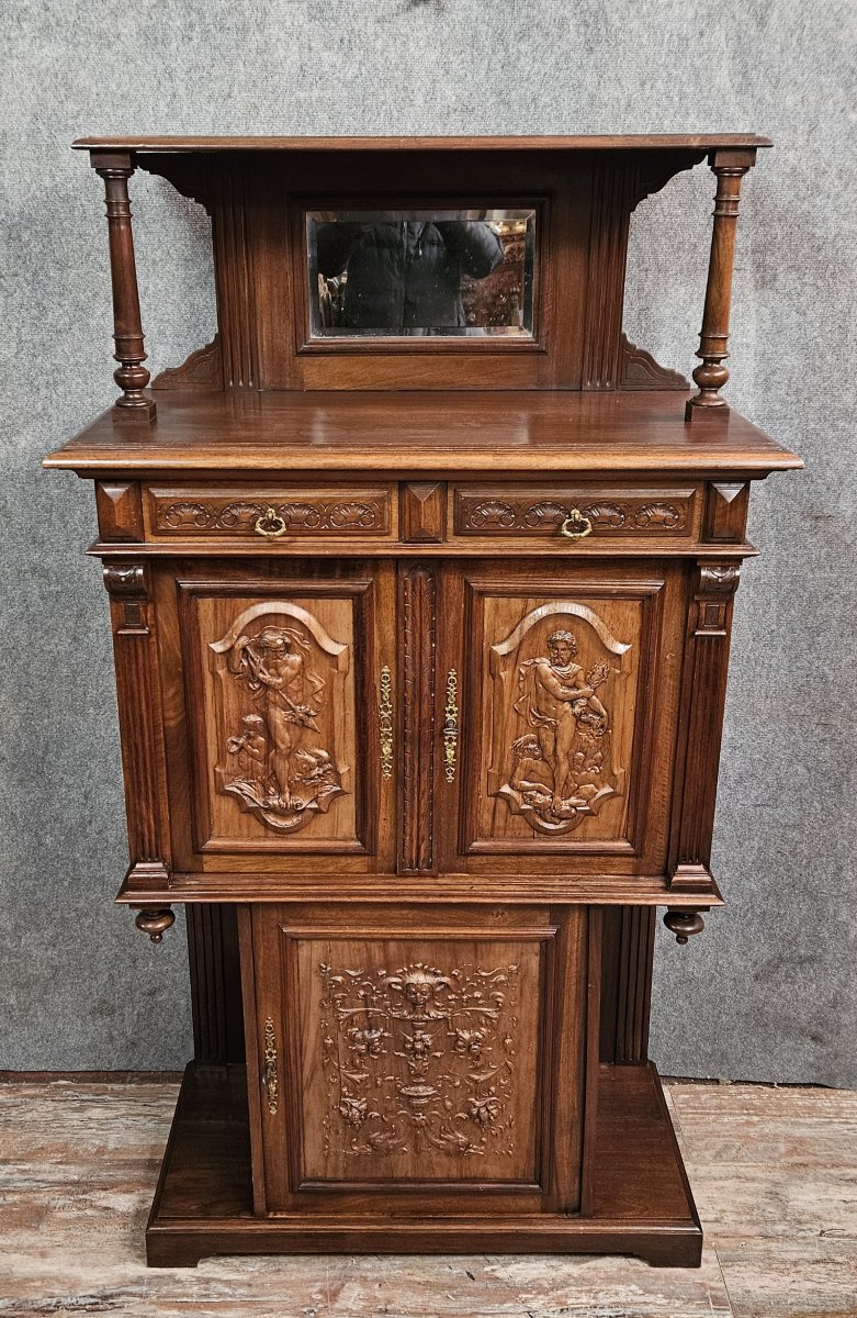 Cabinet ancien sculpté en noyer avec panneaux en terre cuite – Style Renaissance – XIXe siècle -photo-2