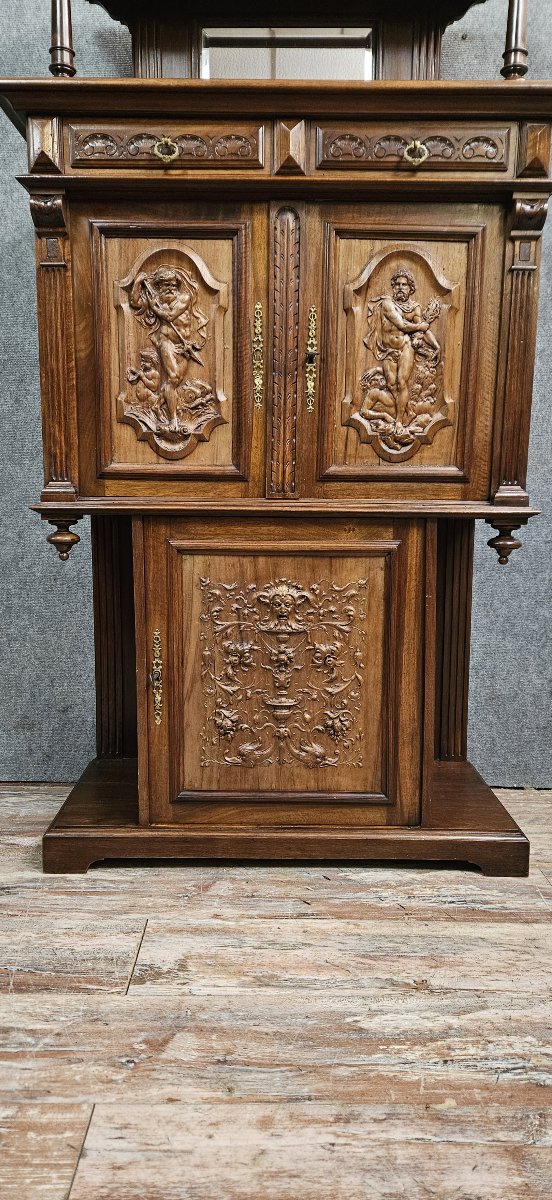 Cabinet ancien sculpté en noyer avec panneaux en terre cuite – Style Renaissance – XIXe siècle -photo-3