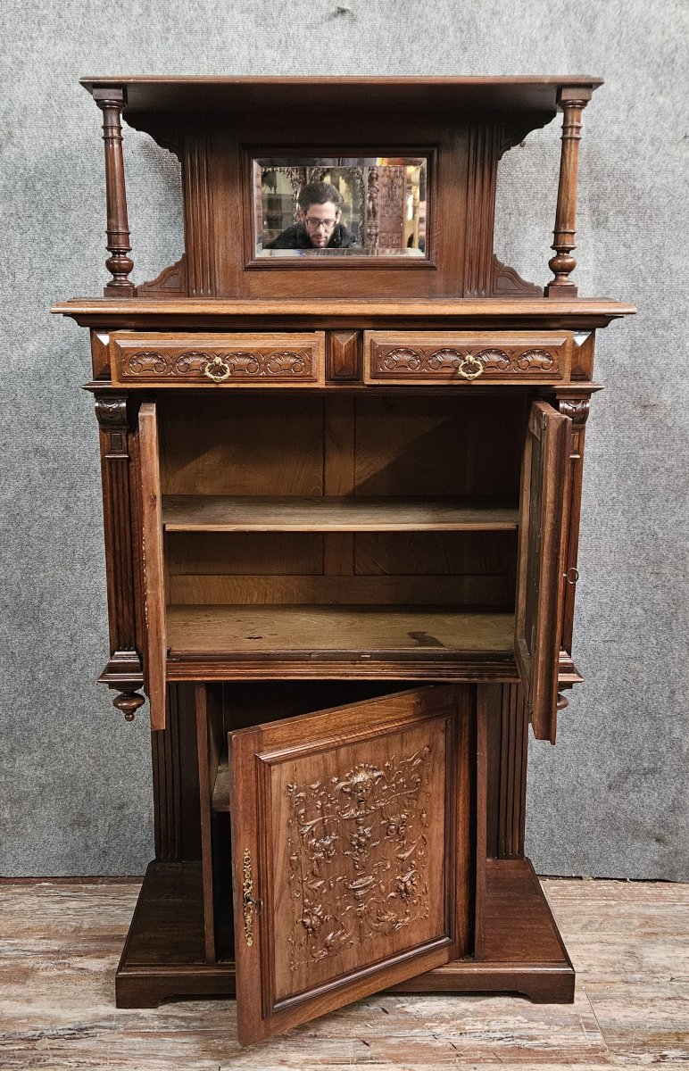 Cabinet ancien sculpté en noyer avec panneaux en terre cuite – Style Renaissance – XIXe siècle -photo-4