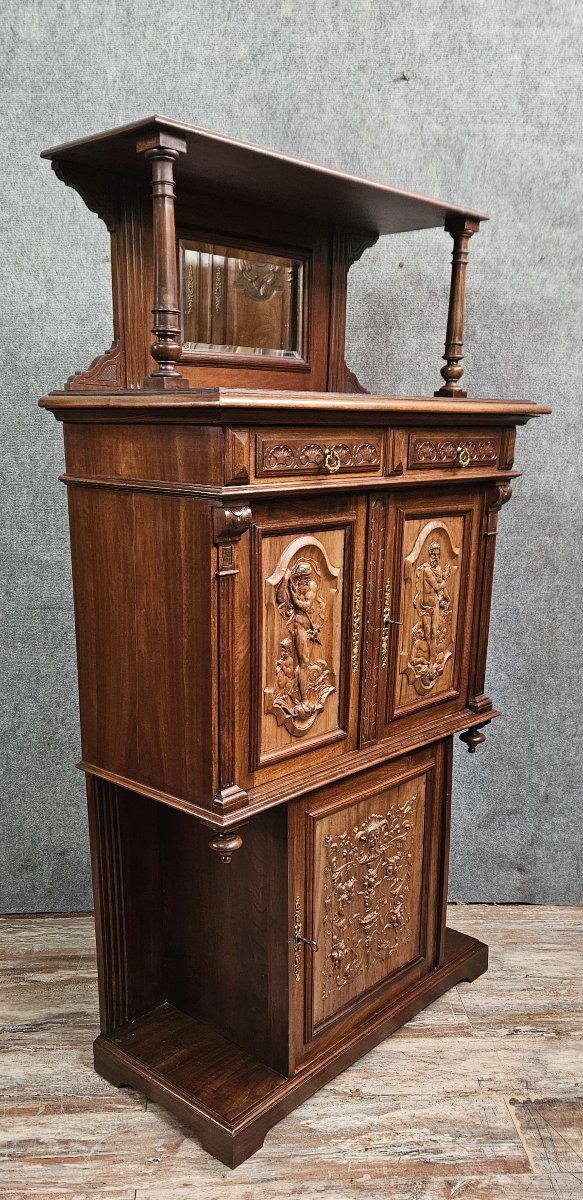 Cabinet ancien sculpté en noyer avec panneaux en terre cuite – Style Renaissance – XIXe siècle -photo-6