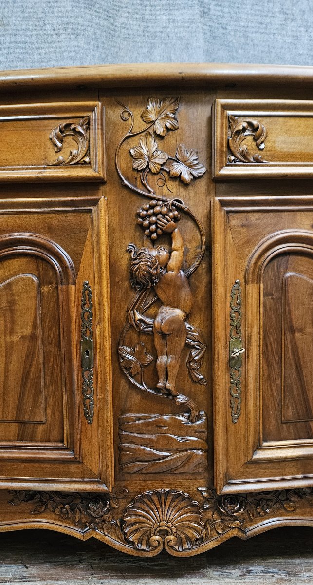 Sideboard With Putto - Curved - Richly Carved Louis XV Style - Marquetry Top -photo-1