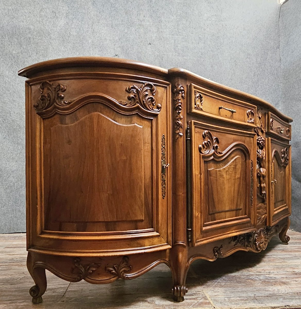 Sideboard With Putto - Curved - Richly Carved Louis XV Style - Marquetry Top -photo-5