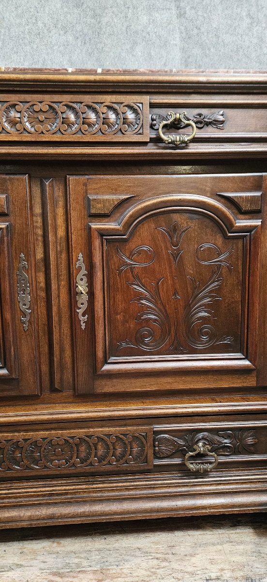 Commode a portes en noyer massif avec plateau en marbre – Style Renaissance / Néo-Renaissance -photo-1
