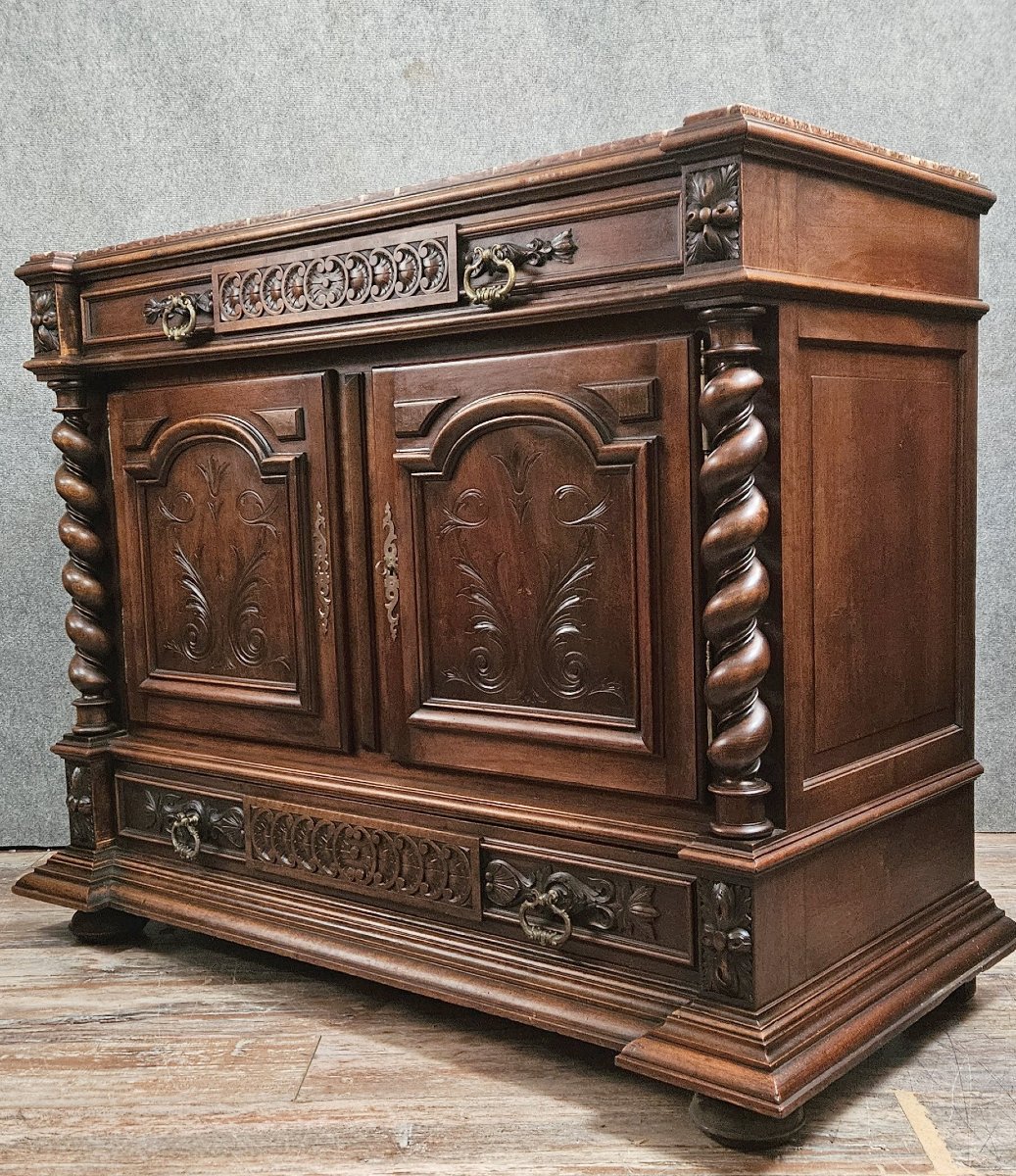 Commode a portes en noyer massif avec plateau en marbre – Style Renaissance / Néo-Renaissance -photo-5