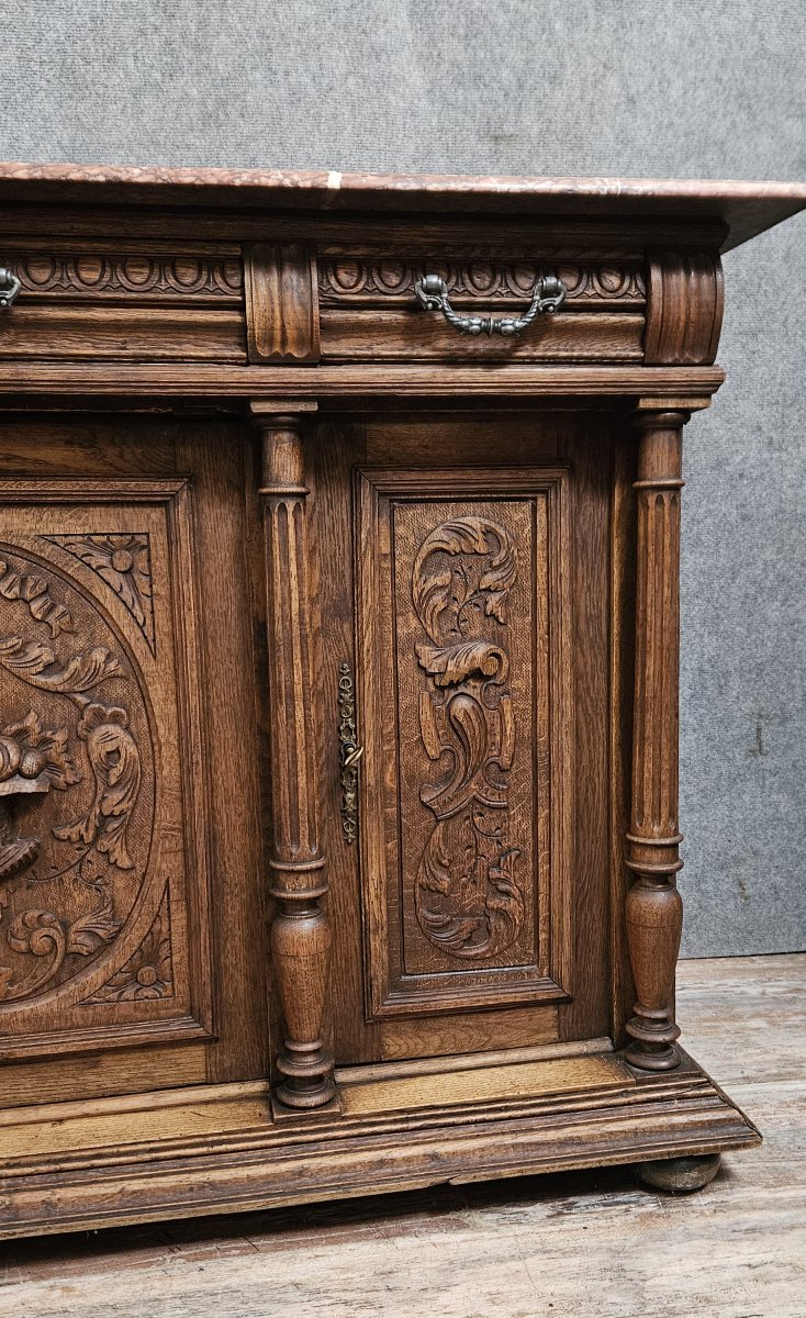 Solid Oak Sideboard With Marble Top - Renaissance Style -photo-4