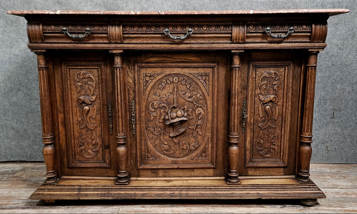 Solid Oak Sideboard With Marble Top - Renaissance Style 