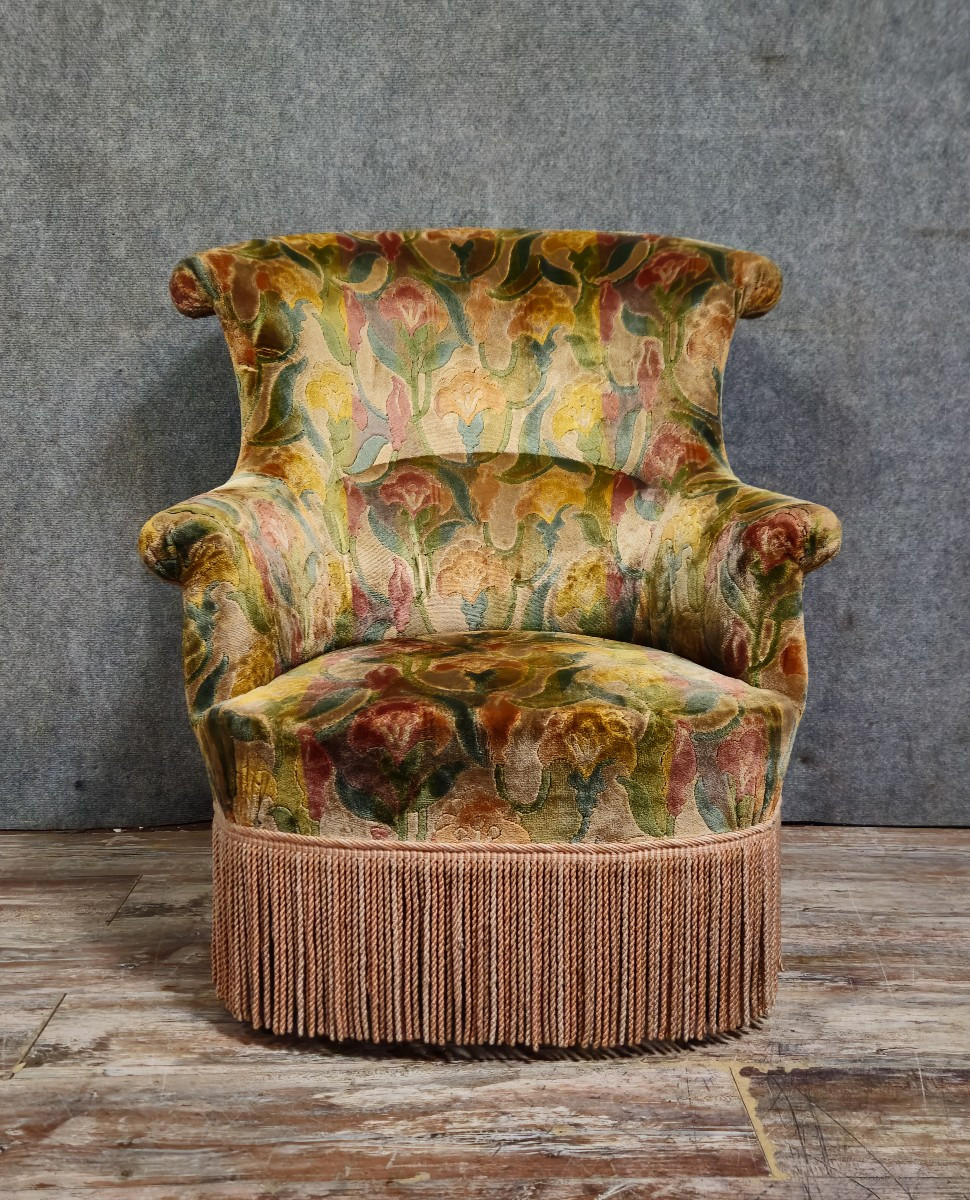 Velvet Toadstool Armchair With Floral Decoration.