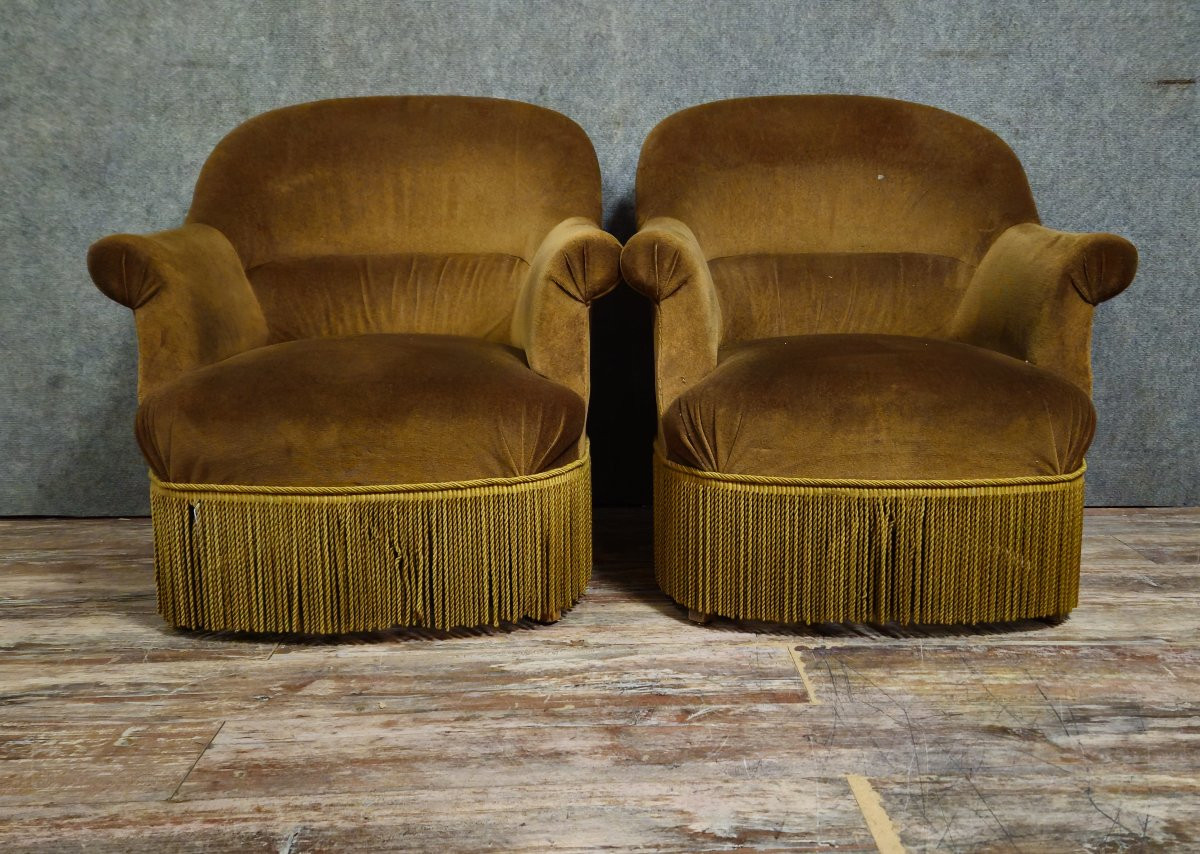 Paire de fauteuils crapaud en velours , première moitié du XXᵉ siècle-photo-1