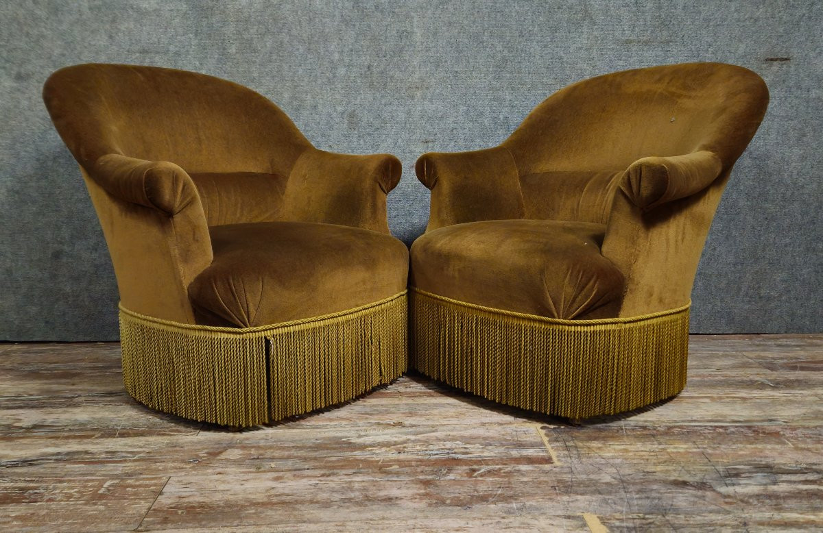 Paire de fauteuils crapaud en velours , première moitié du XXᵉ siècle-photo-3