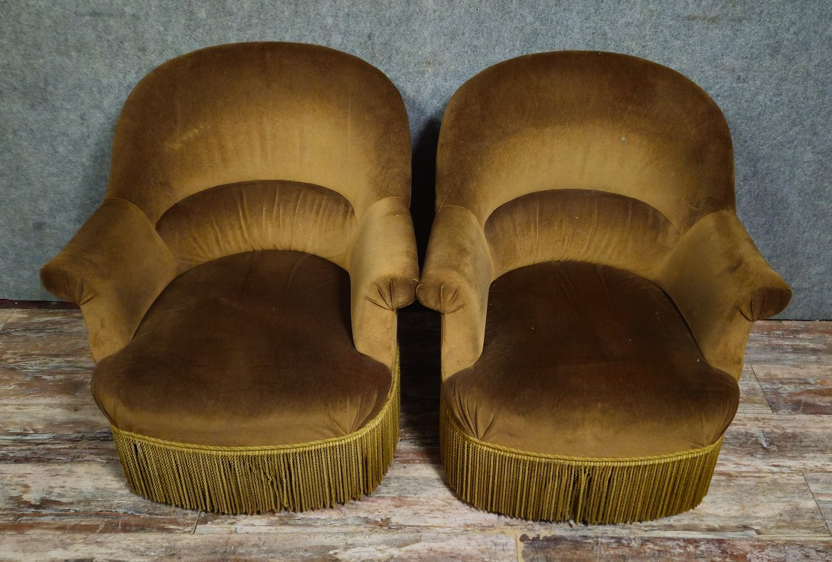 Paire de fauteuils crapaud en velours , première moitié du XXᵉ siècle-photo-4