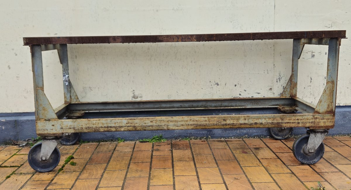 Industrial Metal Workbench/table On Casters, Mid-20th Century-photo-1