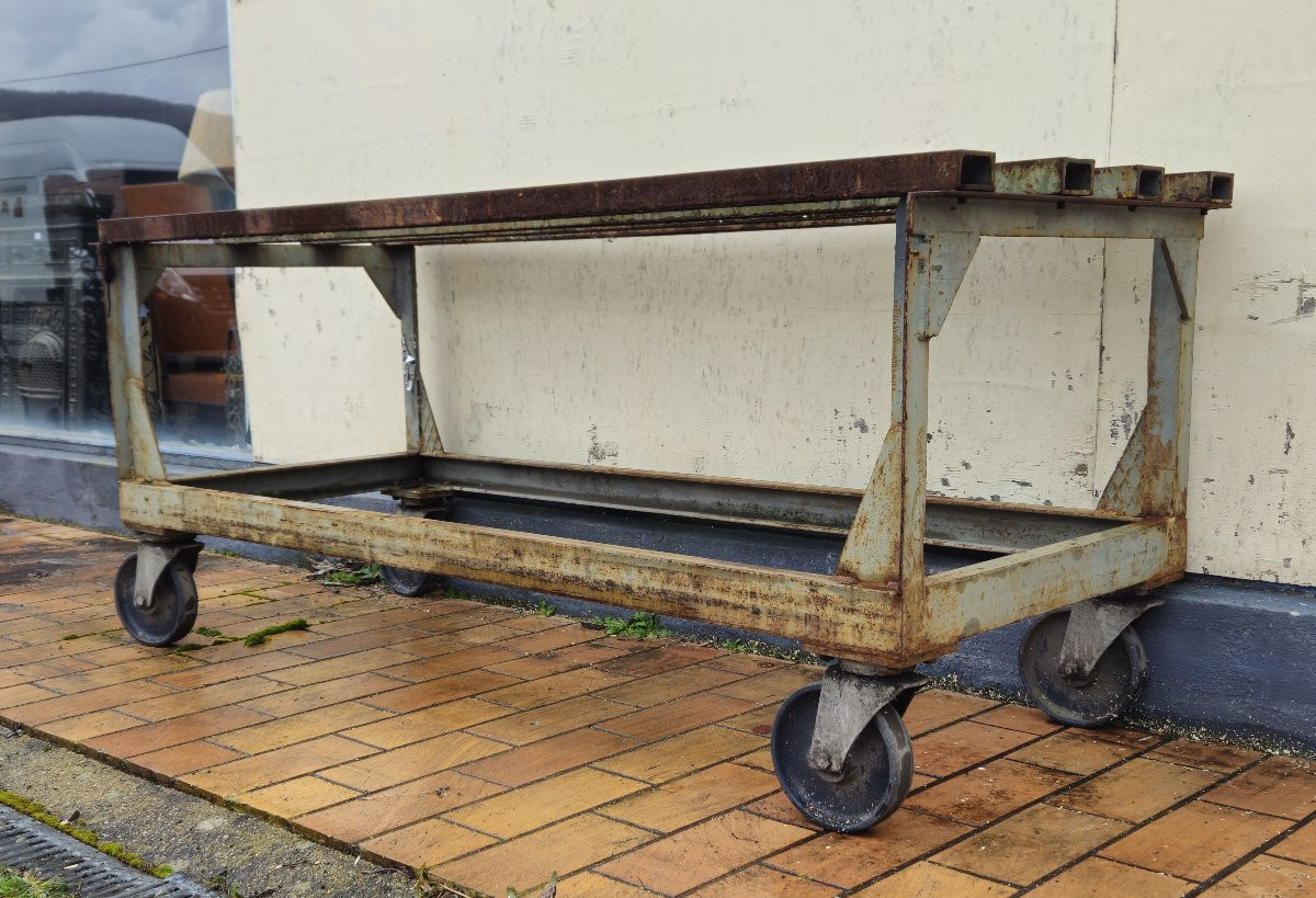 Industrial Metal Workbench/table On Casters, Mid-20th Century-photo-2