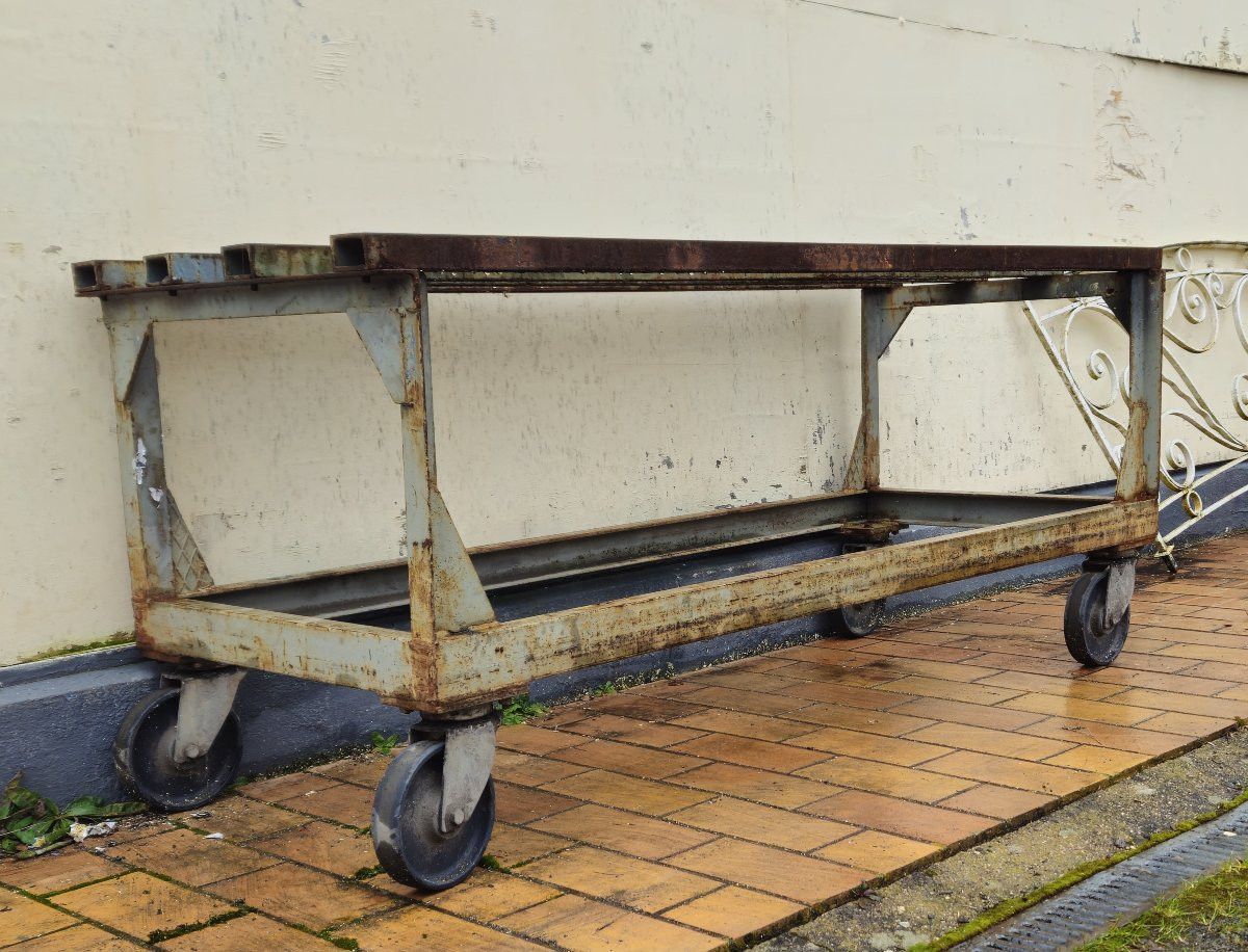 Industrial Metal Workbench/table On Casters, Mid-20th Century-photo-6