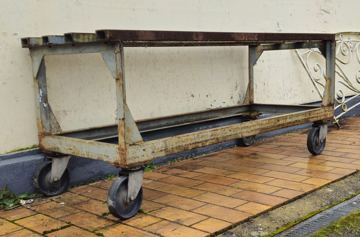 Industrial Metal Workbench/table On Casters, Mid-20th Century