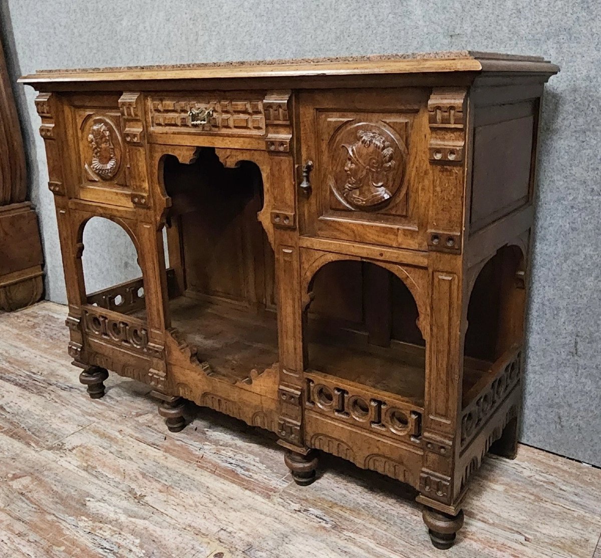 Antique Carved Walnut Sideboard With Marble Top – Renaissance Style-photo-3
