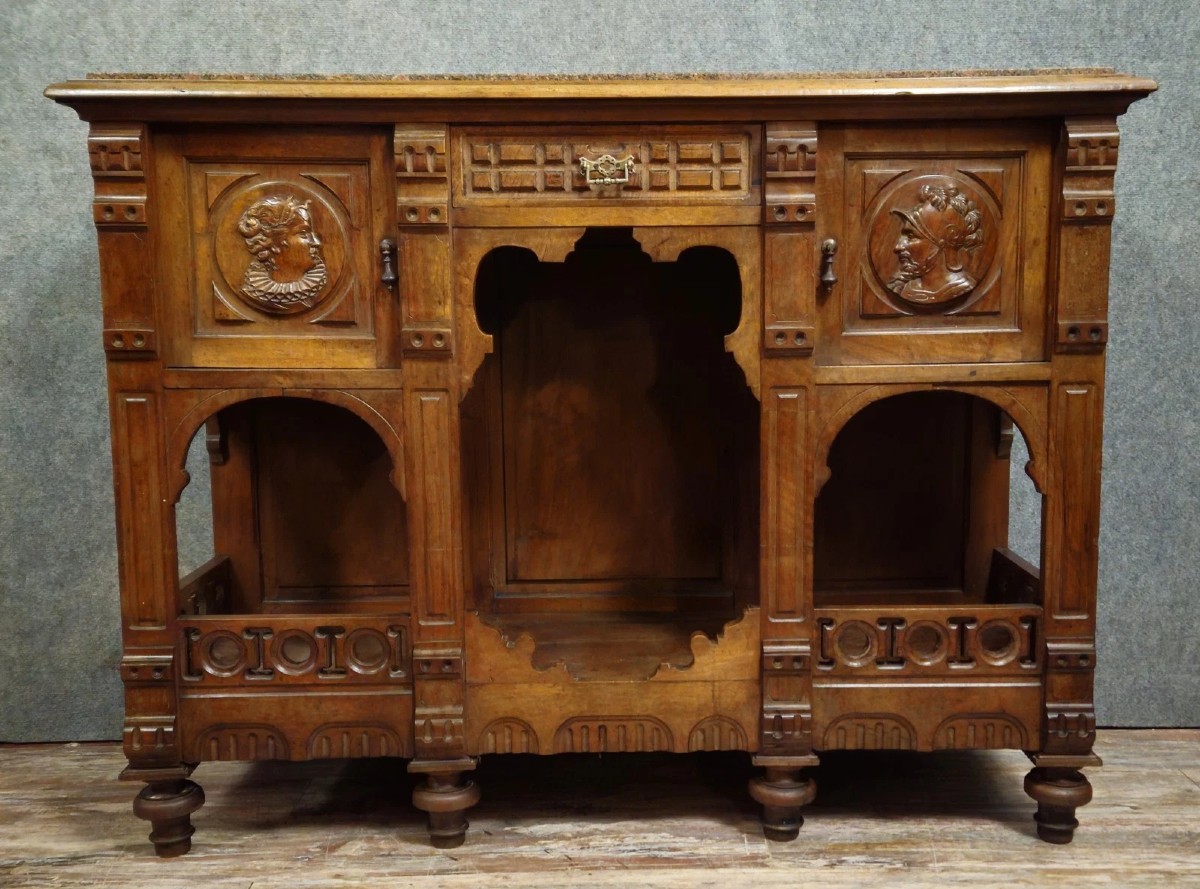 Antique Carved Walnut Sideboard With Marble Top – Renaissance Style