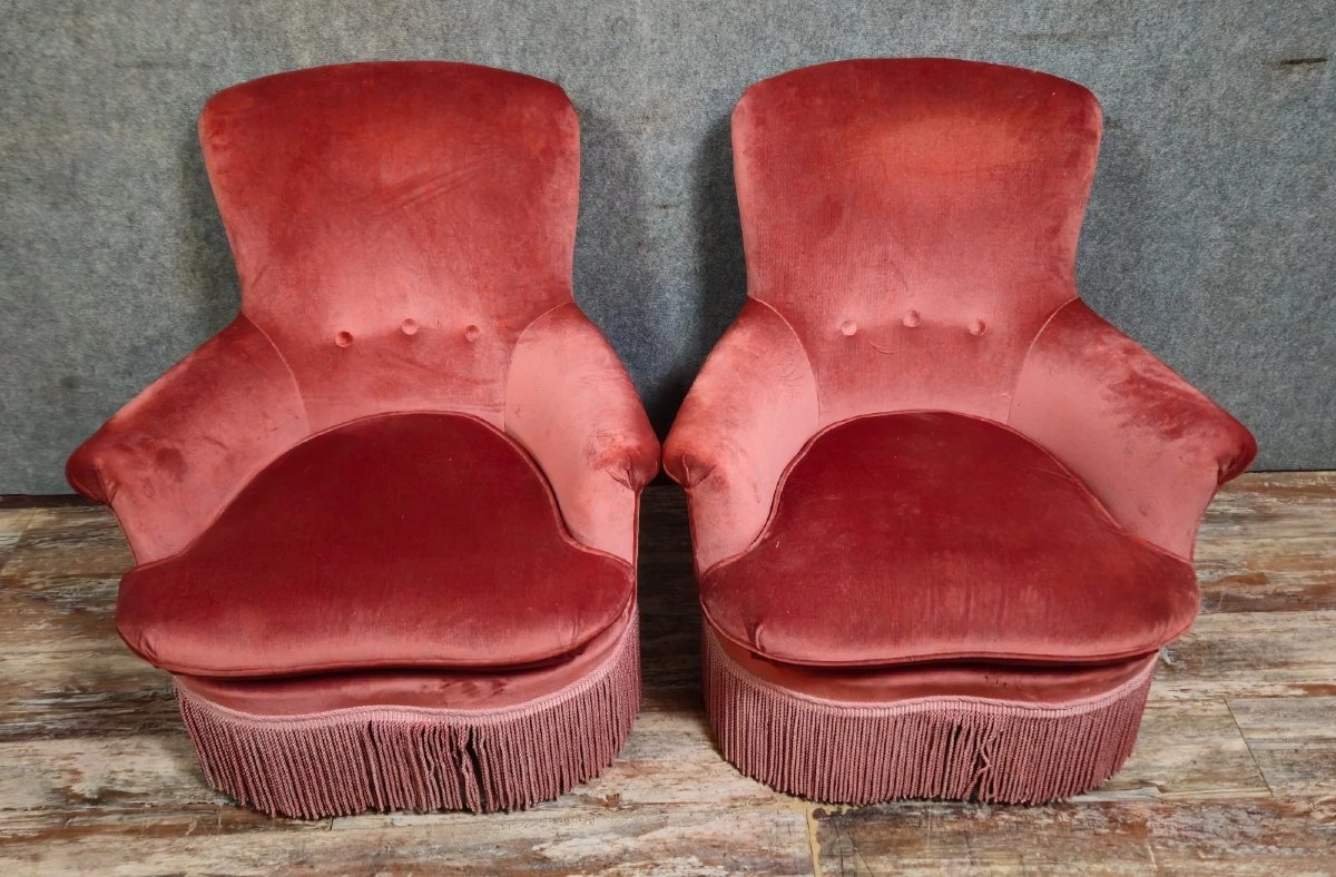 Paire de fauteuils crapauds en velours rose – époque Napoléon III-photo-1