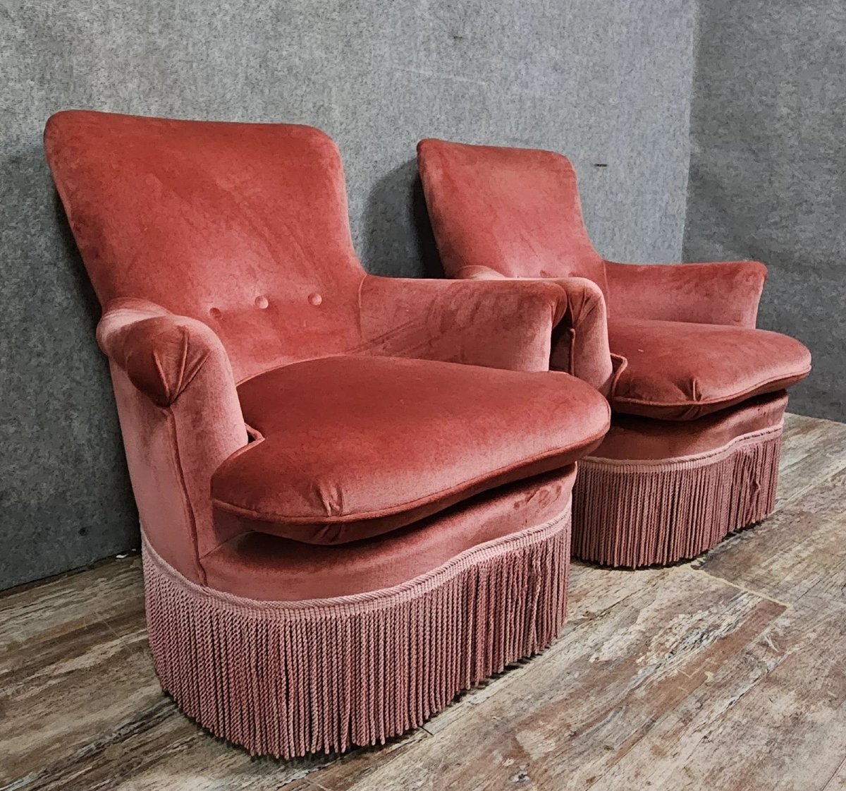 Paire de fauteuils crapauds en velours rose – époque Napoléon III-photo-3