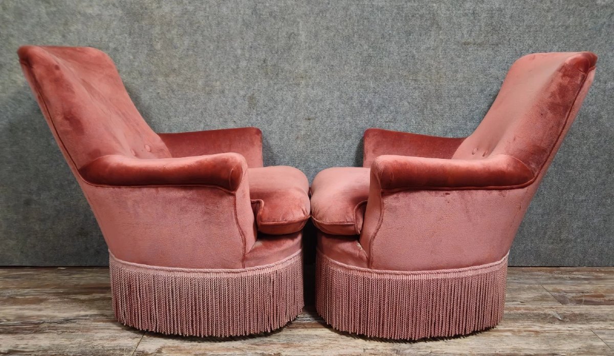 Paire de fauteuils crapauds en velours rose – époque Napoléon III-photo-4