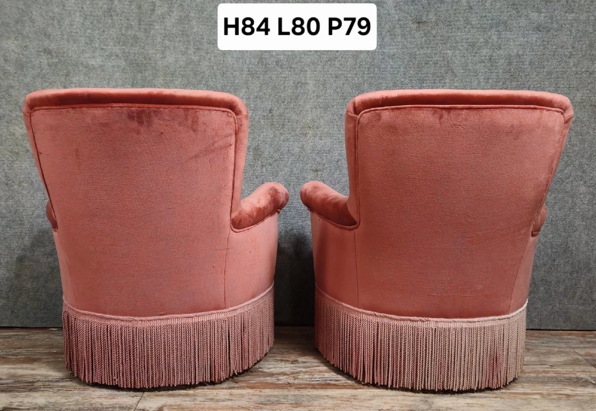 Paire de fauteuils crapauds en velours rose – époque Napoléon III-photo-5