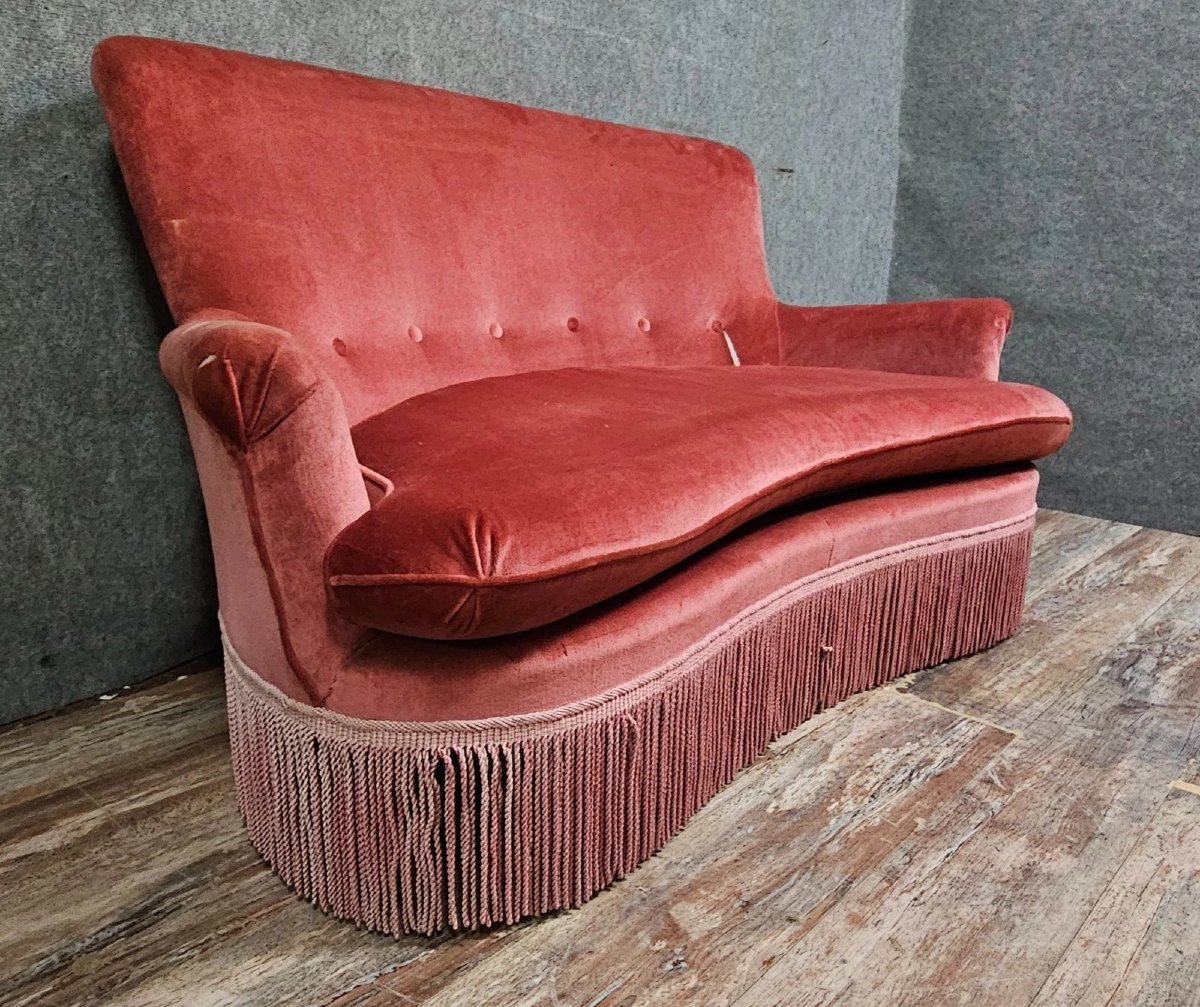 A Half-moon Shaped Toadstool Bench, Napoleon III Period, In Powder Pink Velvet-photo-2