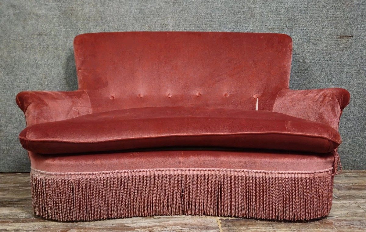 A Half-moon Shaped Toadstool Bench, Napoleon III Period, In Powder Pink Velvet
