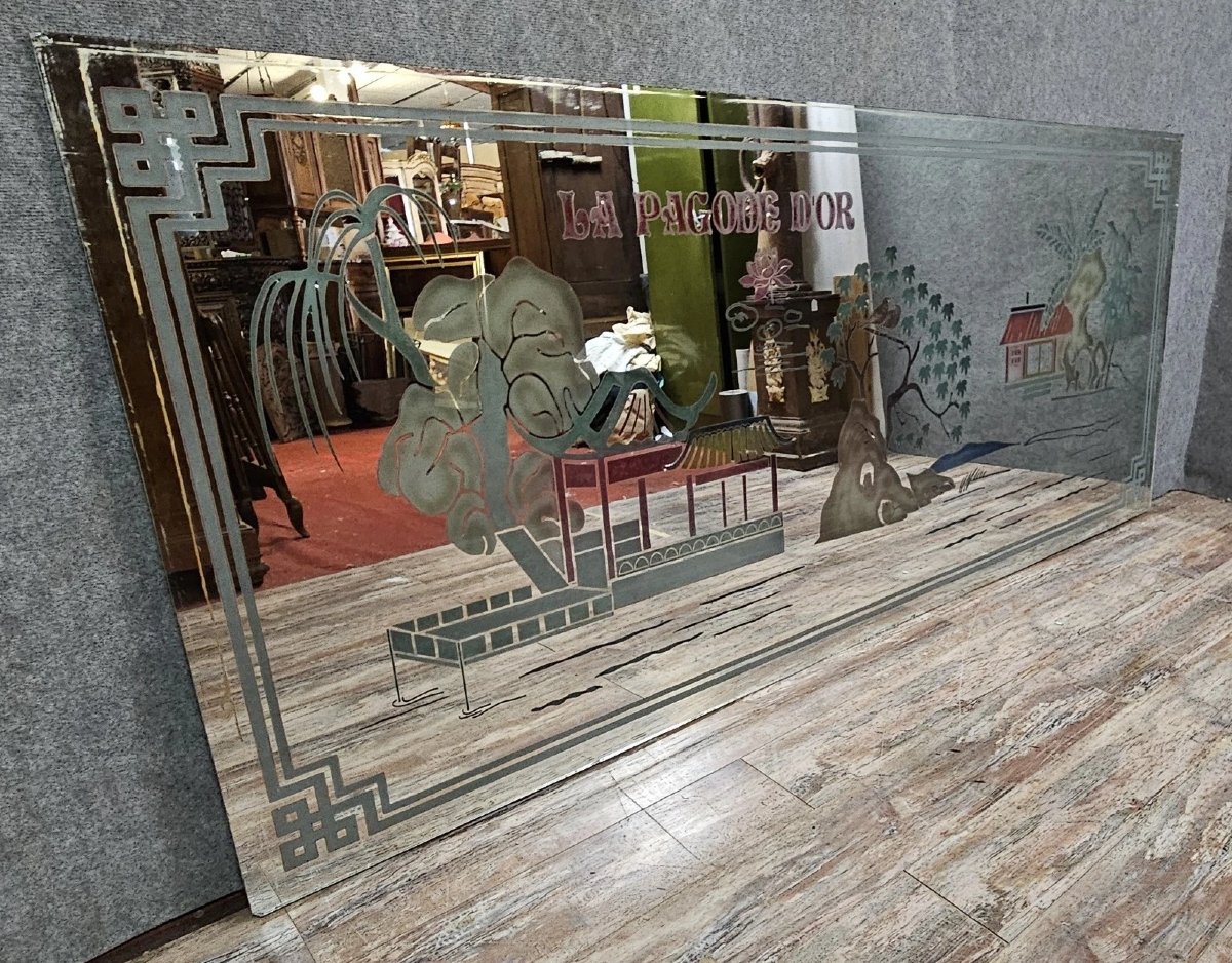 miroir décoratif de restaurant – décor oriental “La Pagode d’Or”- vintage 1970-1980-photo-1
