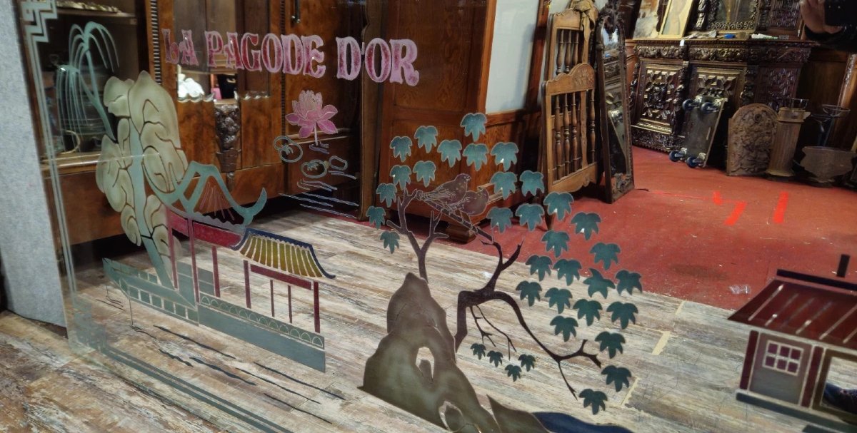 miroir décoratif de restaurant – décor oriental “La Pagode d’Or”- vintage 1970-1980-photo-3