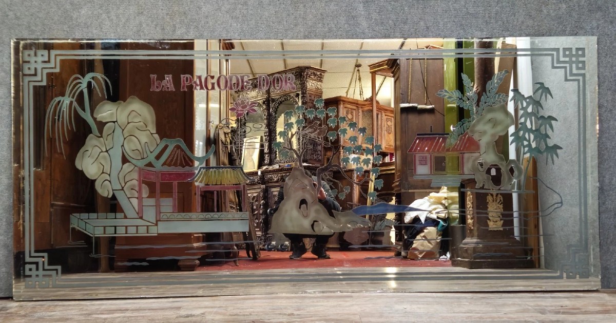 miroir décoratif de restaurant – décor oriental “La Pagode d’Or”- vintage 1970-1980