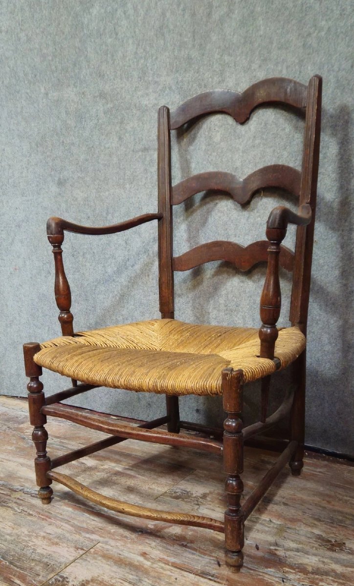 Antique Armchair In Solid Wood With A Woven Straw Seat, In A Rustic/provincial Style.-photo-3