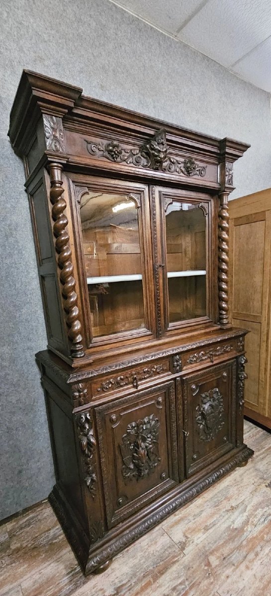 Buffet - bibliothèque deux corps ancien en bois sculpté – style Renaissance-photo-1