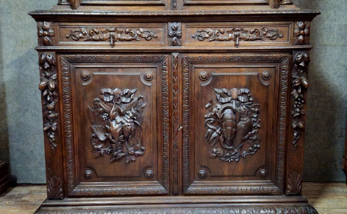 Buffet - bibliothèque deux corps ancien en bois sculpté – style Renaissance-photo-4