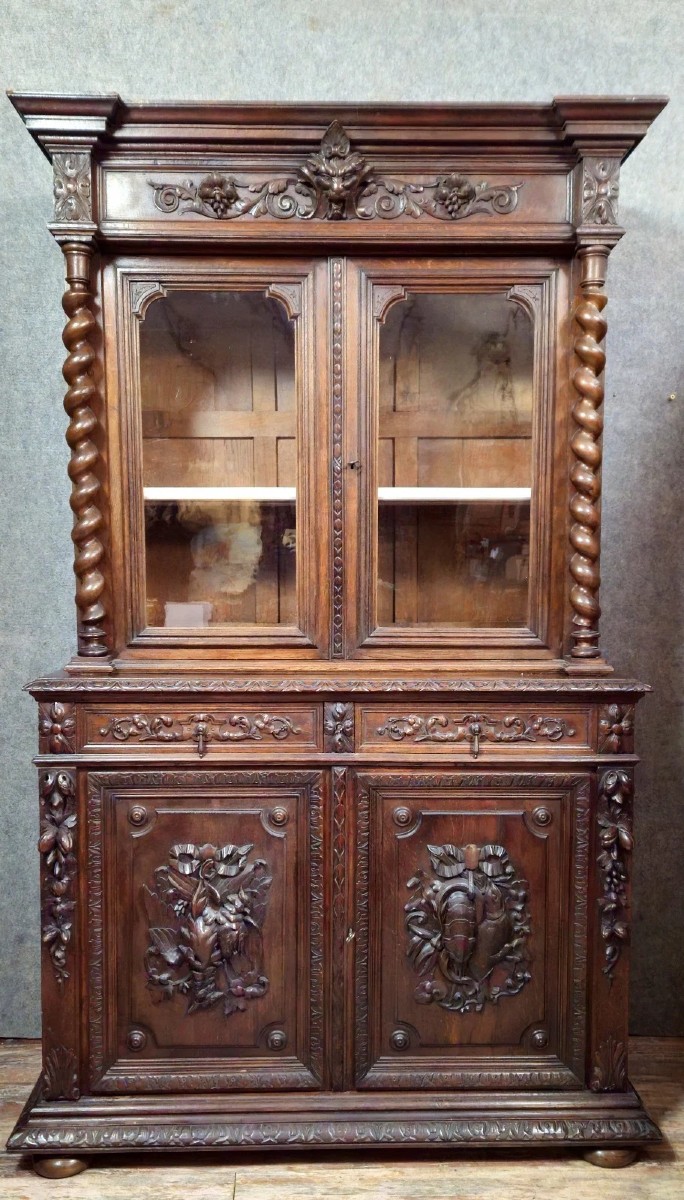 Buffet - bibliothèque deux corps ancien en bois sculpté – style Renaissance