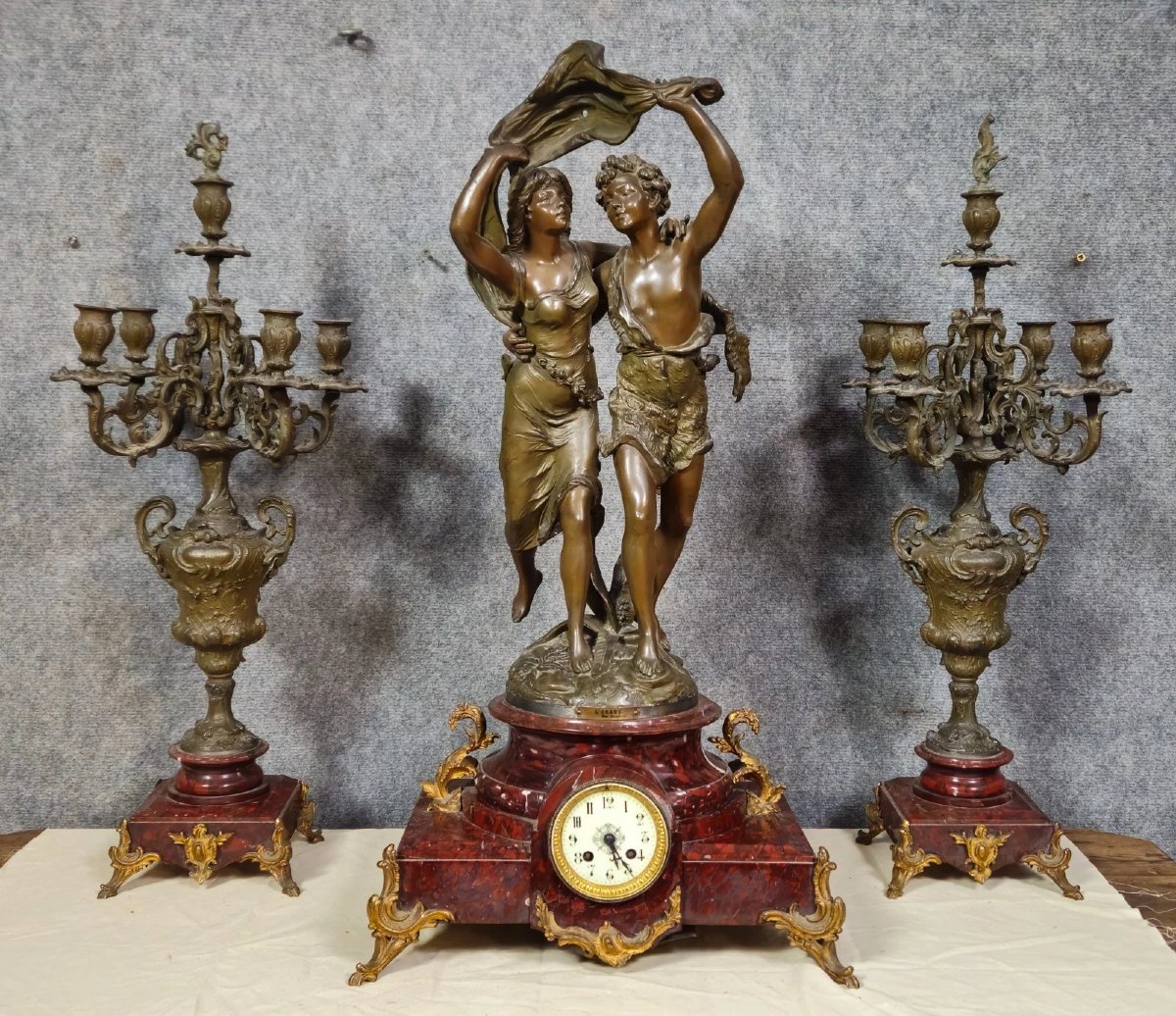 Bruchon 19th Century: Napoleon III Period Spelter Mantelpiece Set-photo-1