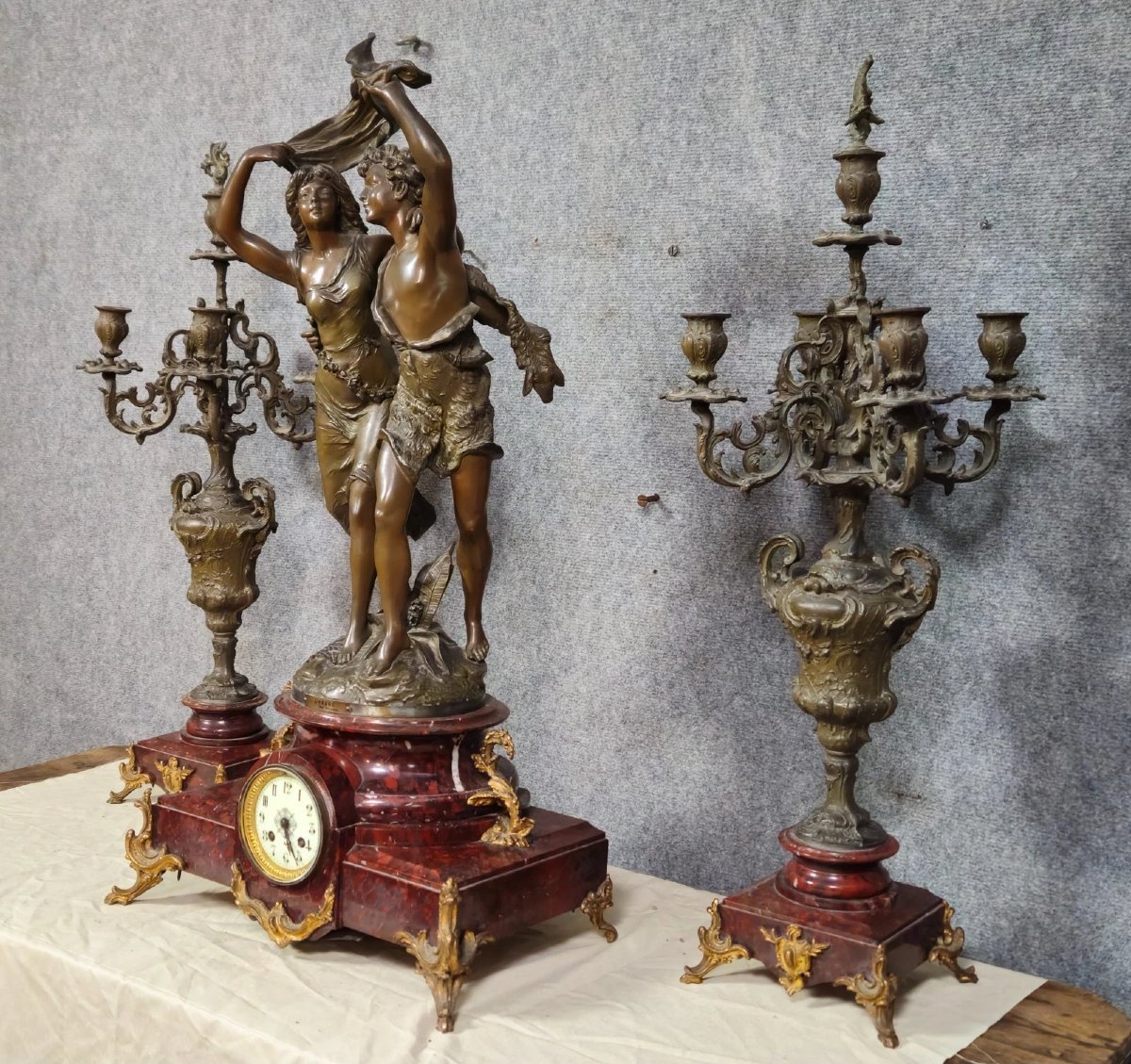 Bruchon 19th Century: Napoleon III Period Spelter Mantelpiece Set-photo-2