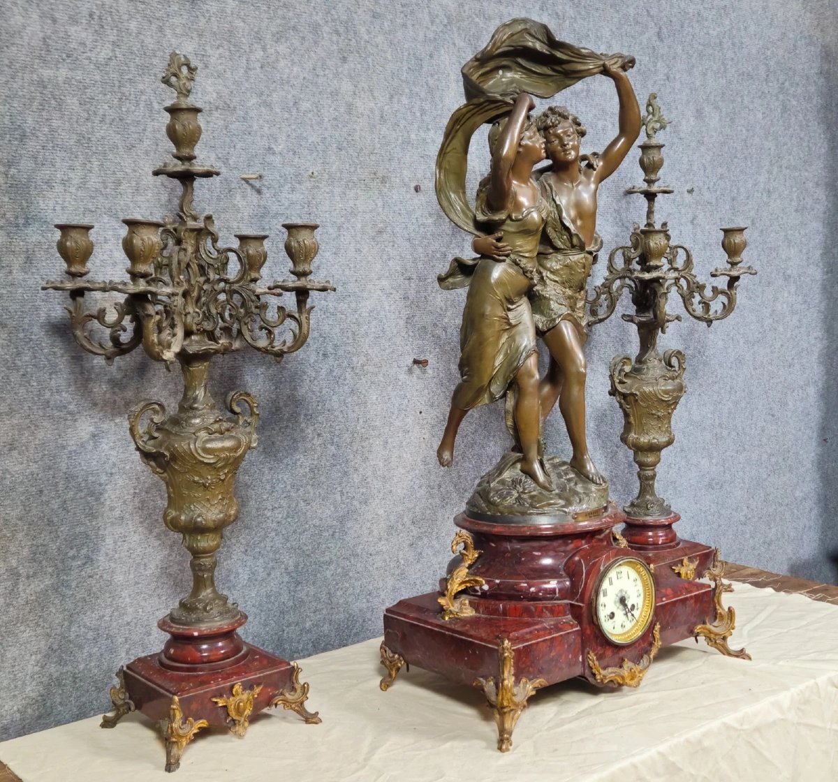 Bruchon 19th Century: Napoleon III Period Spelter Mantelpiece Set-photo-3