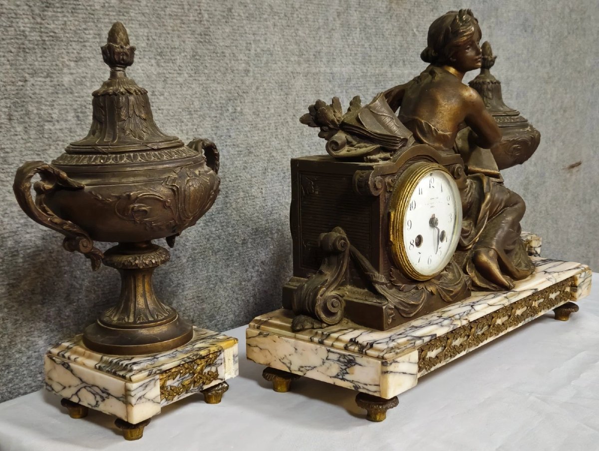 garniture de pendule en régule à patine médaille époque Napoléon III vers 1880-photo-3