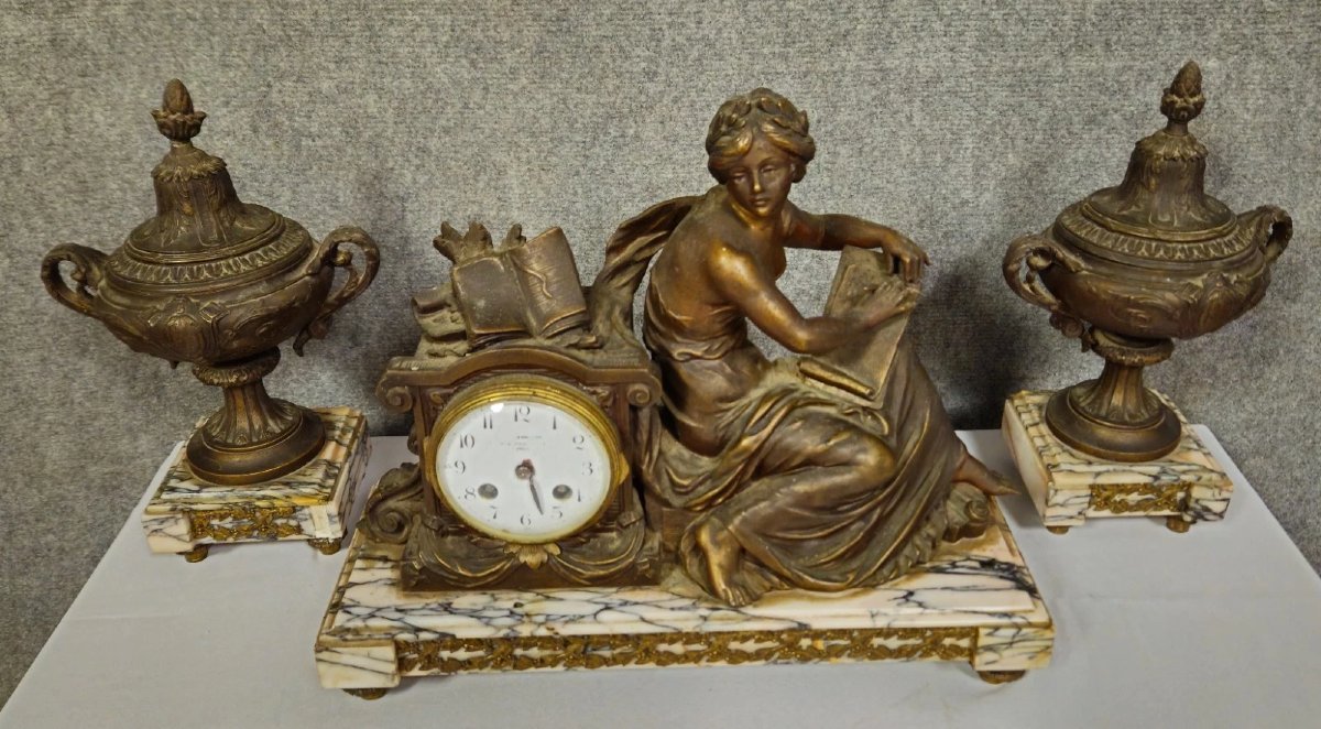 garniture de pendule en régule à patine médaille époque Napoléon III vers 1880-photo-4