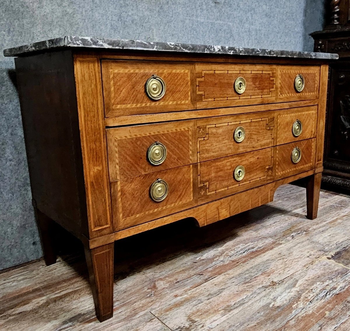Louis XVI Period Commode In Marquetry, 18th Century-photo-2