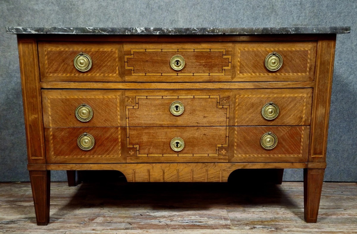 Louis XVI Period Commode In Marquetry, 18th Century