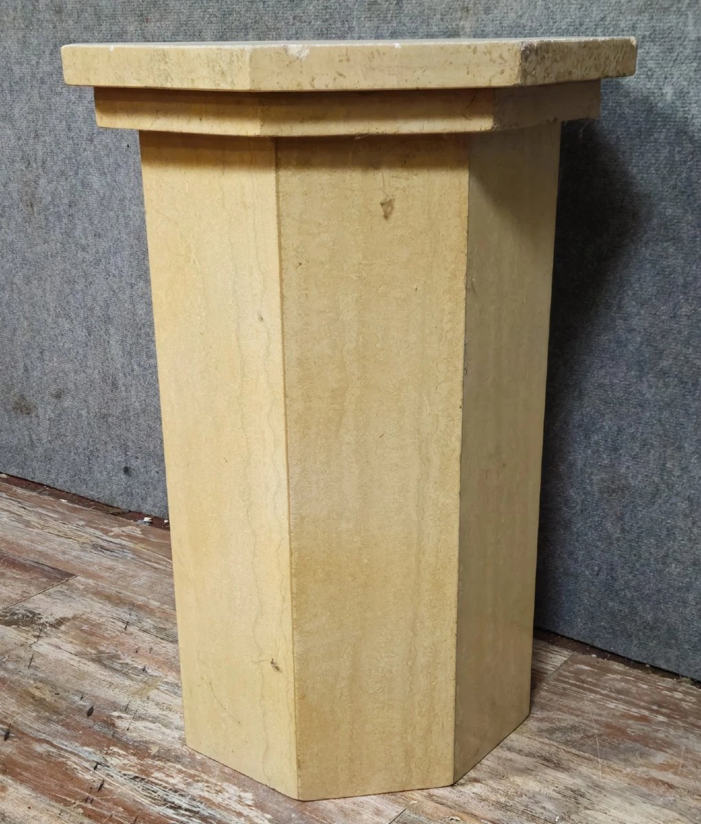 Travertine Pedestal Column, Dating From 1950-1970, Hexagonal In Shape, Ideal For Sculpture -photo-1