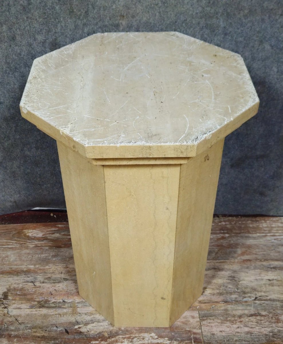 Travertine Pedestal Column, Dating From 1950-1970, Hexagonal In Shape, Ideal For Sculpture -photo-3