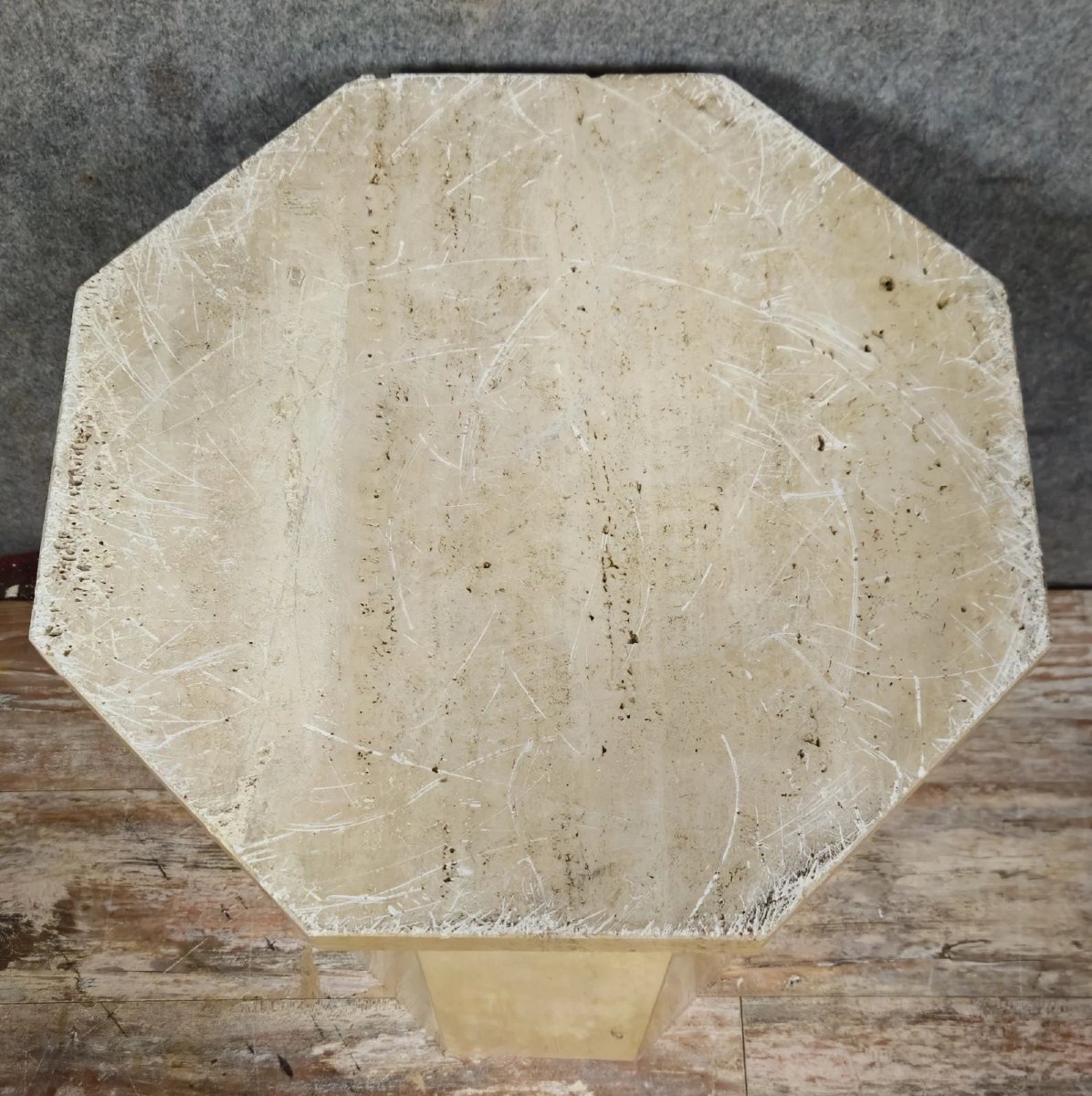 Travertine Pedestal Column, Dating From 1950-1970, Hexagonal In Shape, Ideal For Sculpture -photo-4
