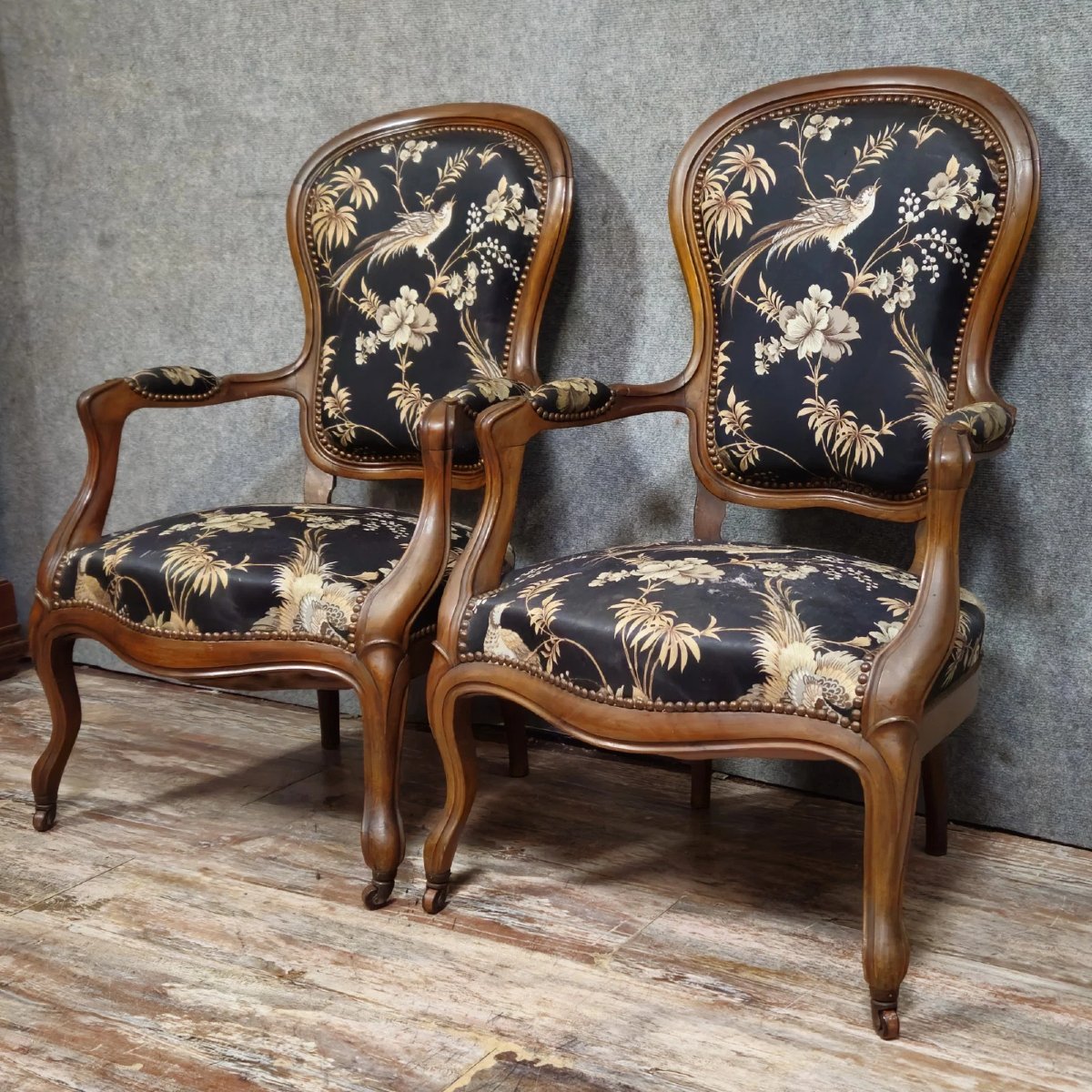 Pair Of Napoleon III Period Mahogany Armchairs With Silk-like Upholstery-photo-2
