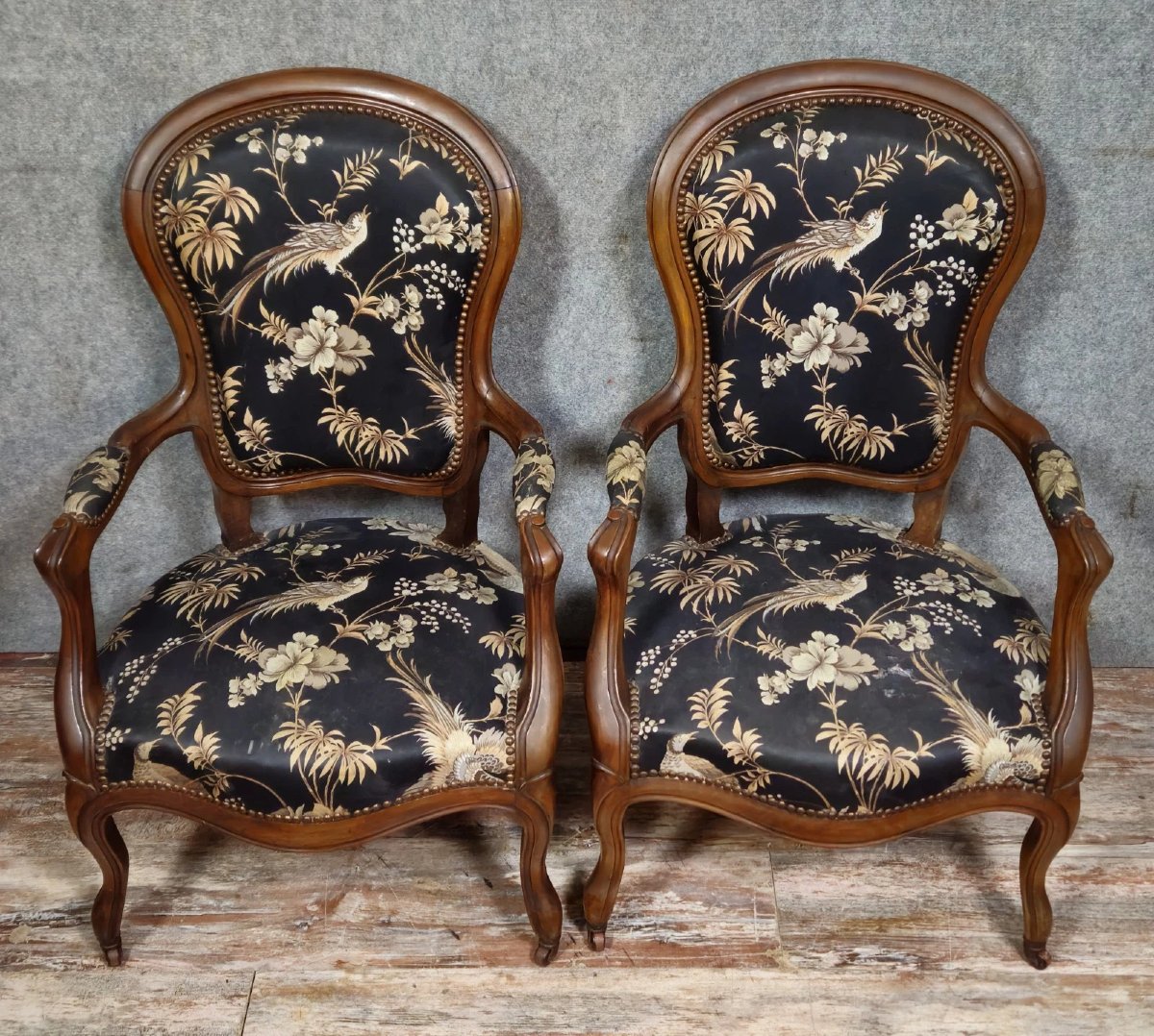 Pair Of Napoleon III Period Mahogany Armchairs With Silk-like Upholstery-photo-3