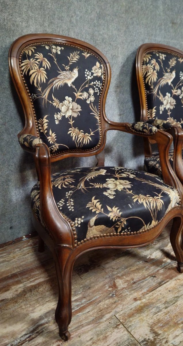 Pair Of Napoleon III Period Mahogany Armchairs With Silk-like Upholstery-photo-4
